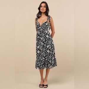 Lulus Lush Loveliness Black Floral Lurex Tie-Strap Midi Dress